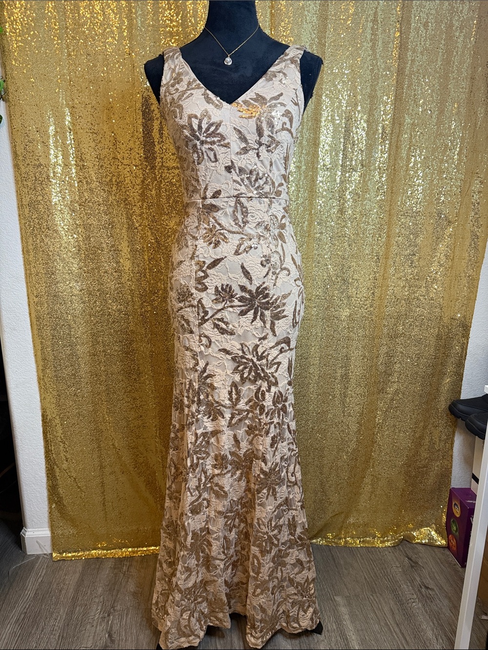 City Triangles Tan and Gold Floral sequins Lace Maxi Dress padded
